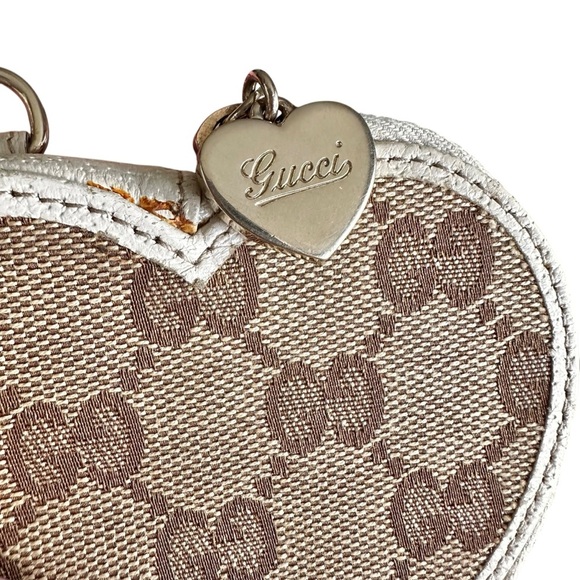 GUCCI Tan GG Monogram Canvas & White Brown Leather Heart Coin Pouch Case - Picture 4 of 12